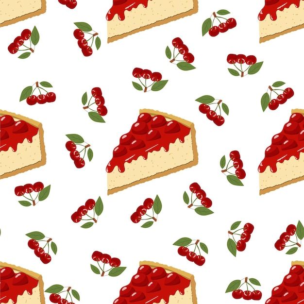 Seamless cherry cheesecake pattern Vector illustration on a white background