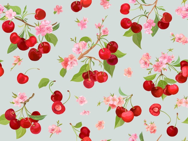 Seamless cherry pattern with summer berries, fruits, leaves, flowers background. Vector illustration in watercolor style for spring cover, wallpaper texture, wrapping backdrop, vintage packaging