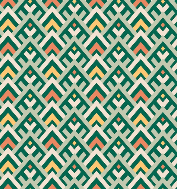 Seamless chevron pattern in green and orange Intricate chevron background made of interlacing light and dark green yellow and orange zigzags