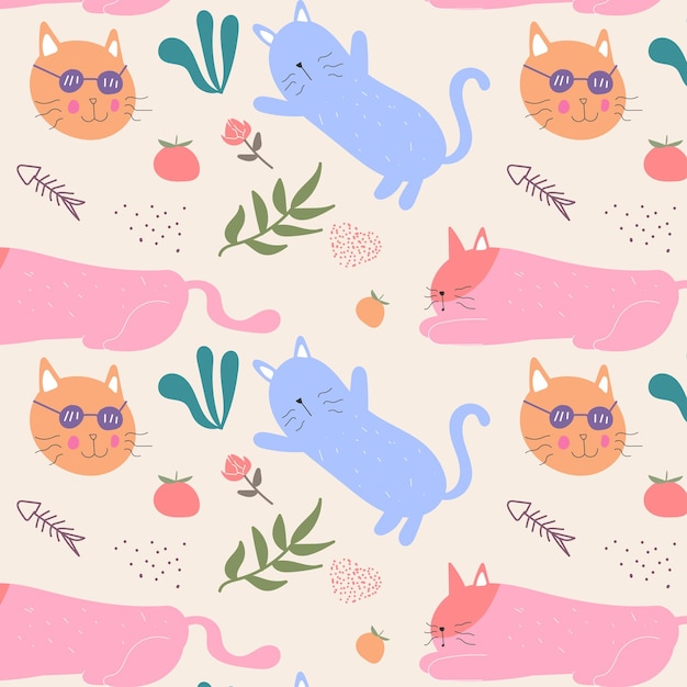 Вектор Бесшовный детский современный узор с милыми нарисованными вручную кошками. для ткани, принта, текстиля, обоев, одежды