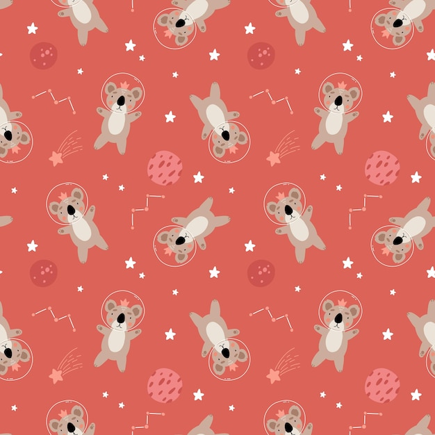 Seamless childish pattern with astronaut koala planet stars and constellation Creative scandinavian kids texture for fabric wrapping textile wallpaper apparel