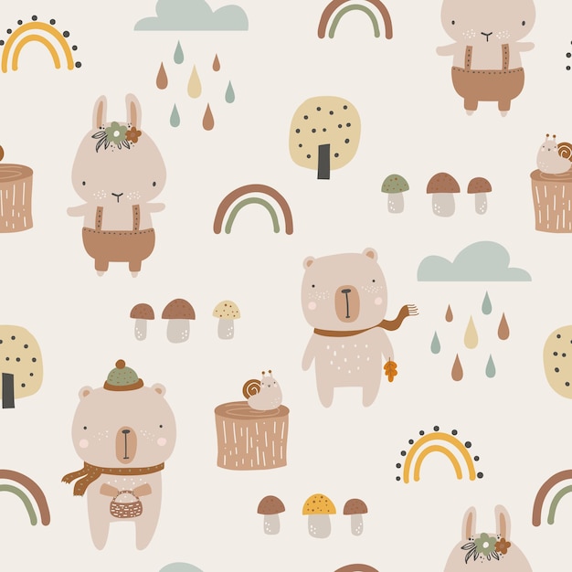 Seamless childish pattern with bear bunny and mushrooms Creative childish urban texture for fabric wrapping textile wallpaper clothing Vector illustration