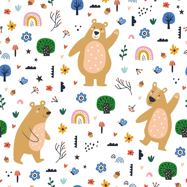 만화 곰과 숲 요소와 원활한 유치 패턴 직물에 대 한 크리 에이 티브 키즈 텍스처