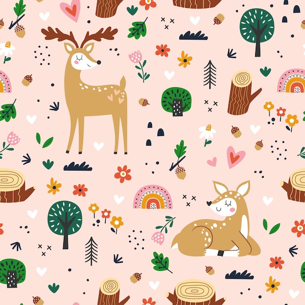 Seamless childish pattern with cartoon deer and forest elements creative kids texture for fabric