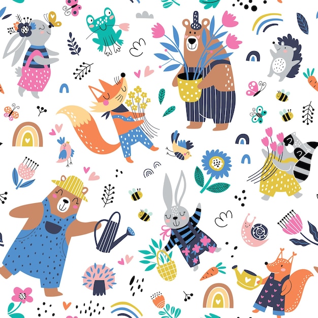 Vector seamless childish pattern with cartoon fox bear racoon bunny squirrel and garden elements