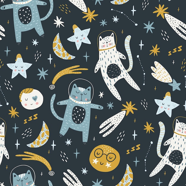 Seamless childish pattern with cat astronauts in space Trendy colorful Scandinavian style Creative scandinavian baby texture for fabric wrapping textile wallpaper clothes Vector illustration