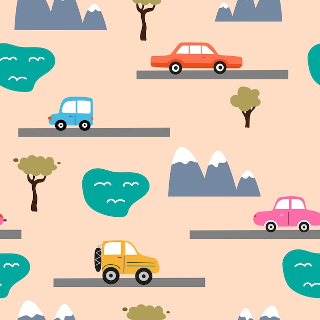 Seamless childish pattern with colored cars on the roads. Hand drawn vector illustration