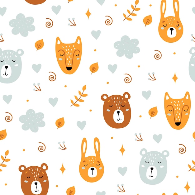 Seamless childish pattern with cute animals. Bear, hare, fox.