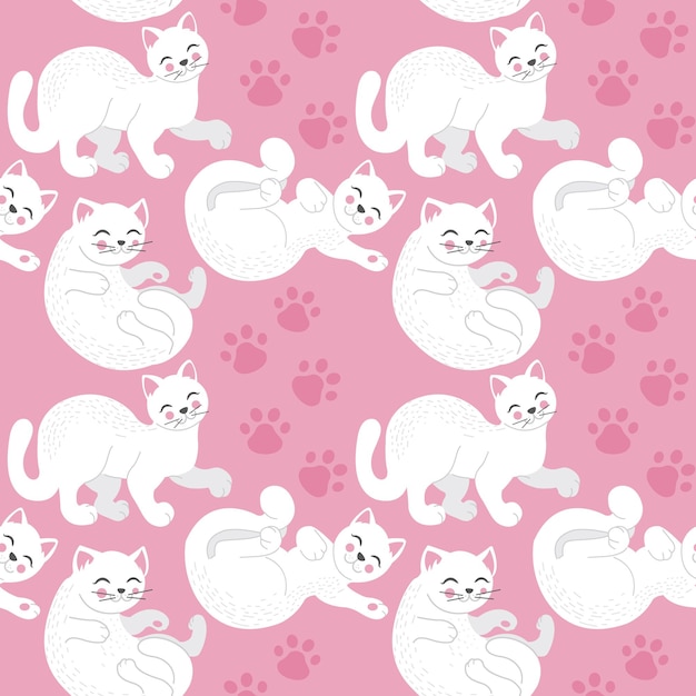 Vector seamless childish pattern with cute cats on pink background creative kids hand drawn texture