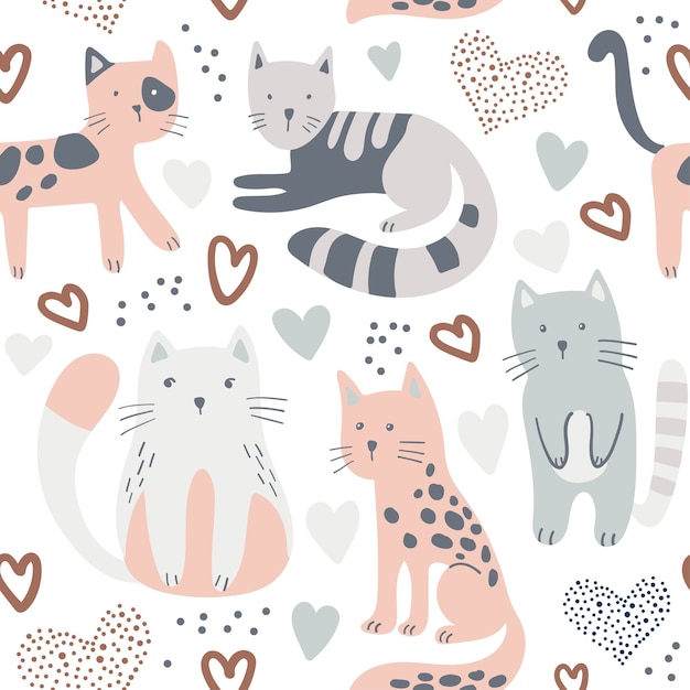Seamless childish pattern with cute cats .