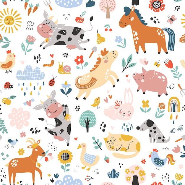 귀여운 농장 동물과 함께 매끄러운 유치한 패턴 패브릭 포장을 위한 창의적인 어린이 텍스처
