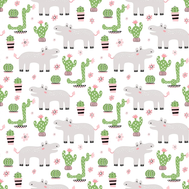 Seamless childish pattern with cute hippo