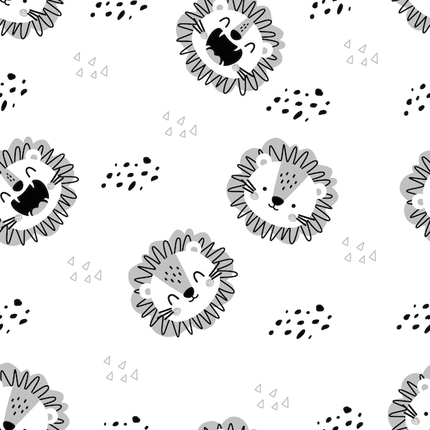 Seamless childish pattern with cute lion in black and white style Creative kids texture for fabric