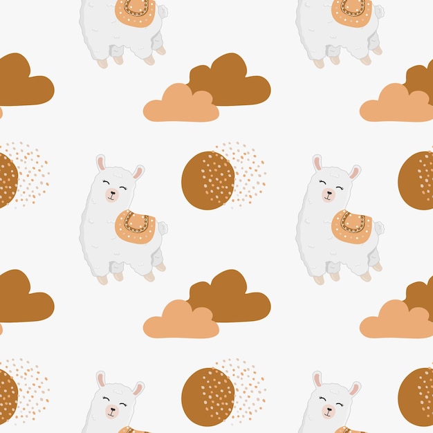 Seamless childish pattern with cute llama alpaca clouds stars Baby texture for fabric wrapping textile wallpaper clothing Boho background