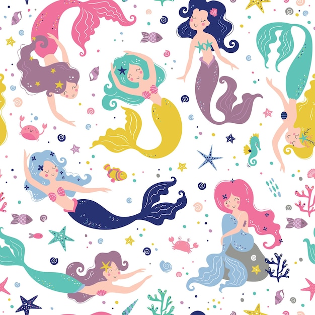 かわいい人魚とのシームレスな子供っぽいパターンファブリックラッピングテキスタイル壁紙アパレルイラストの創造的な子供のテクスチャ プレミアムベクター