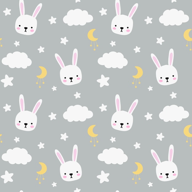 Бесшовный детский рисунок с милыми кроликами, облаками, лунными звездами, детской текстурой для обертывания ткани, текстильных обоев, одежды, векторной иллюстрации