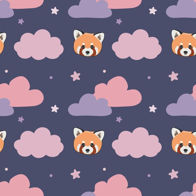 Seamless childish pattern with cute red panda clouds stars Baby texture for fabric wrapping textile