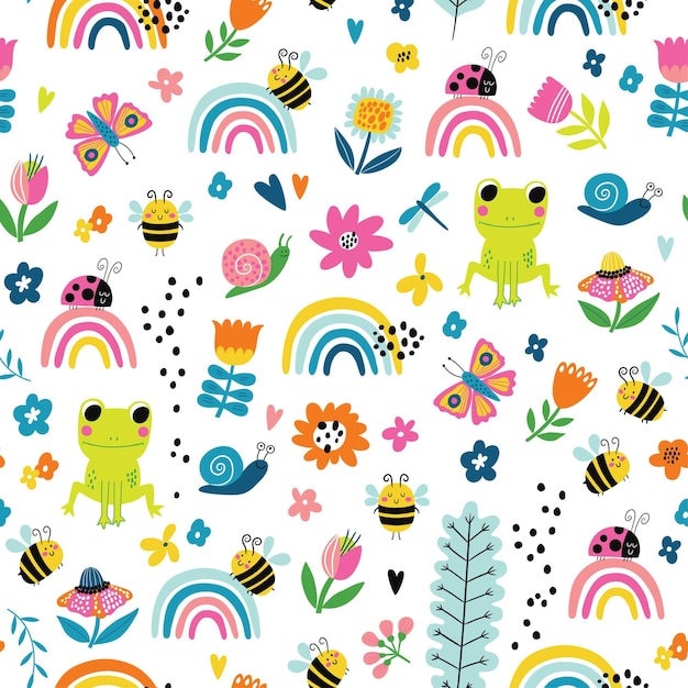 seamless childish pattern with frog rainbows bees flowers and snails  in cartoon style