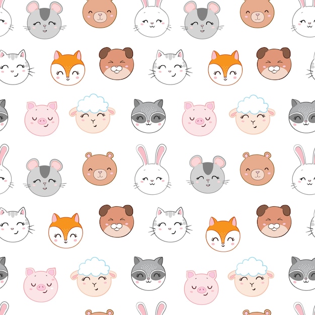 Vector seamless childish pattern with funny animals faces