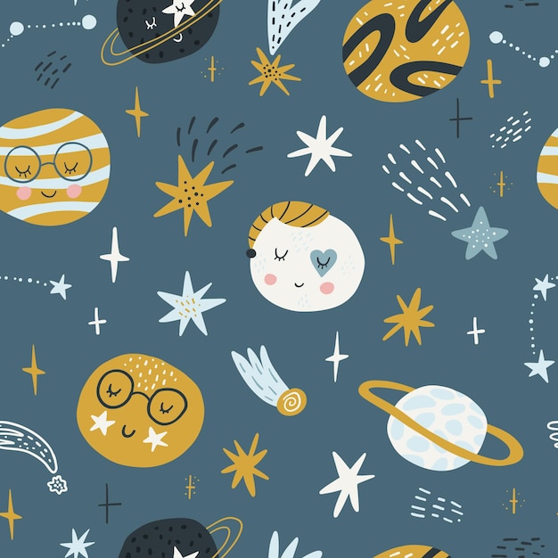 Seamless childish pattern with funny planet characters Trendy space texture for fabric apparel textile wallpaper Cute kids print Vector illustration