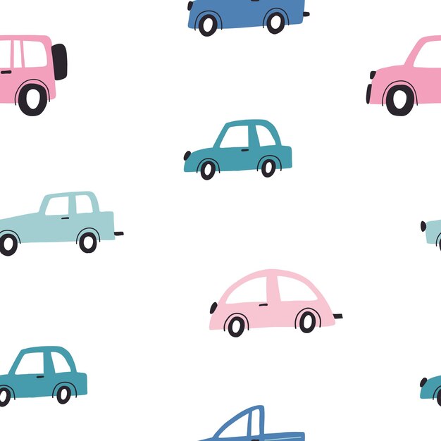 Seamless childish pattern with hand drawn cartoon cars Creative kids texture for fabric wrapping textile wallpaper apparel Vector illustration