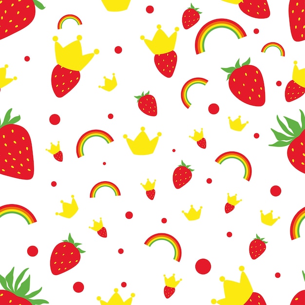 Seamless childish pattern with hand drawn strawberry crowns and dots Creative kids texture for fabric textile