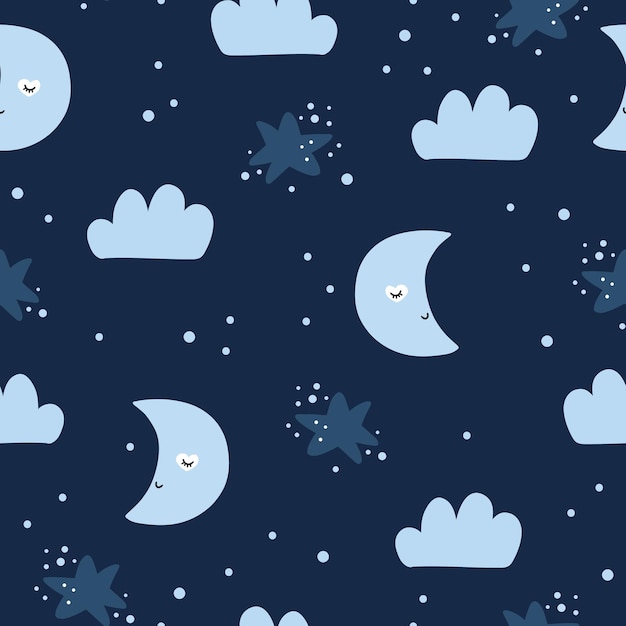 Seamless childish pattern with moons clouds stars Creative kids texture for fabric