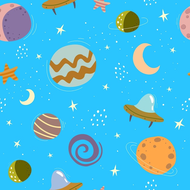 Seamless childish pattern with planets moon crescent stars ufo decor elements