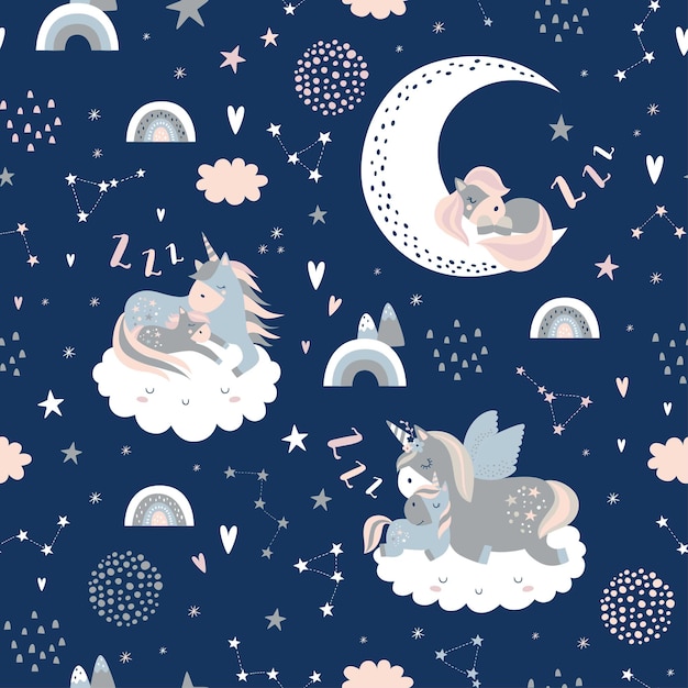 유니콘, 구름, 무지개, 달과 별을 자고 원활한 유치 패턴.