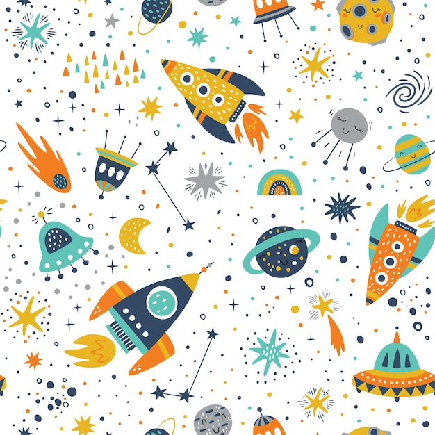 Seamless pattern infantile con elementi spaziali, stella.