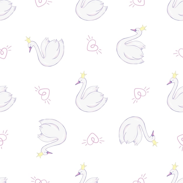 Seamless childish pattern with swan princess. creative nursery background. perfect for kids design, fabric, wrapping, wallpaper, textile, apparel