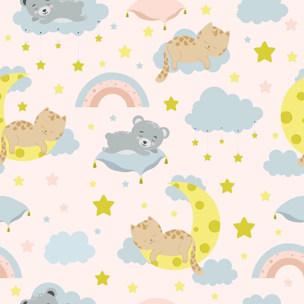 Бесшовный детский узор с кошачьим медведем, облаками, луной и звездами. Креативная детская текстура для обертывания ткани, текстильной одежды обоев.
