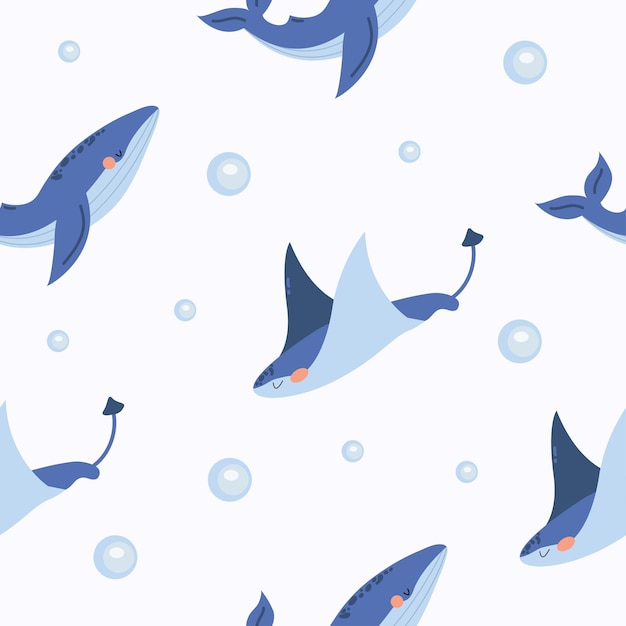 Seamless children's pattern with cute whales and stingrays Vector illustration