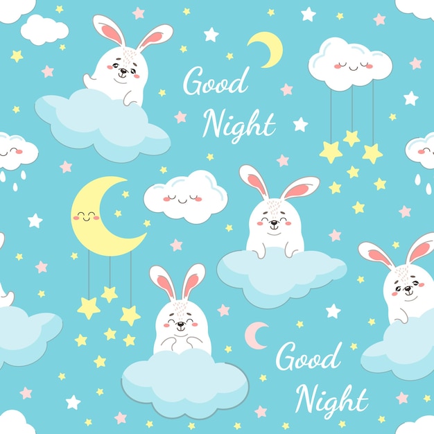 Seamless childrens pattern with rabbits clouds stars and the words