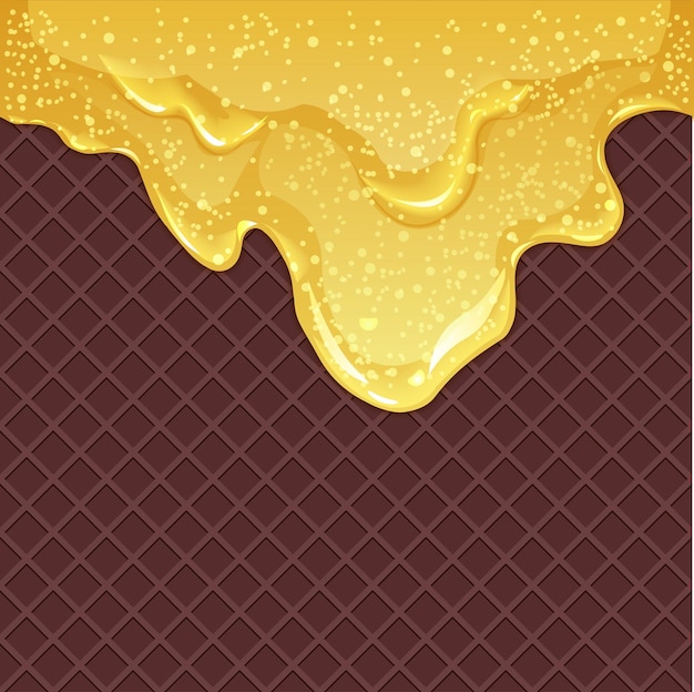 Seamless chocolate waffles background with flowing honey or maple syrup with air bubbles vector