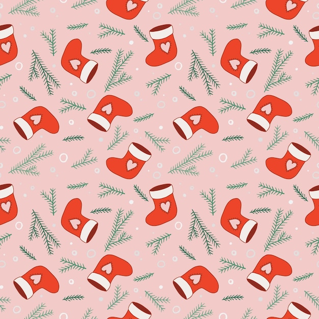 Seamless christmas background from festive socks and fir twigs.