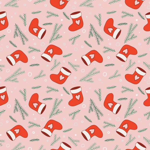 Seamless Christmas background from festive socks and fir twigs.