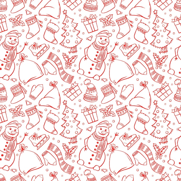 Seamless Christmas background with holiday attributes and smiling snowman. hand-drawn illustration