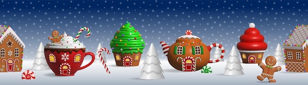 Seamless christmas banner with sweets landscape. fantasy landscape with cakes and candies