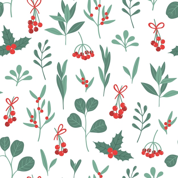 Seamless Christmas floral pattern with branches leaves and winter berries Design for wrapping paper