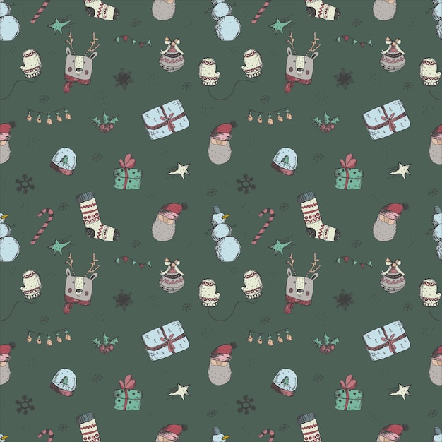 Seamless christmas and new year hand drown pattern