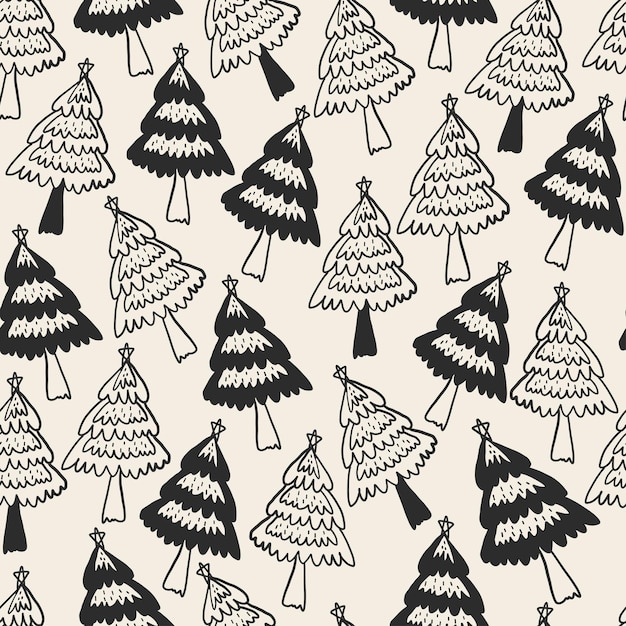 落書きの手でシームレスなクリスマスパターンの背景は、モノクロの松の木を描く