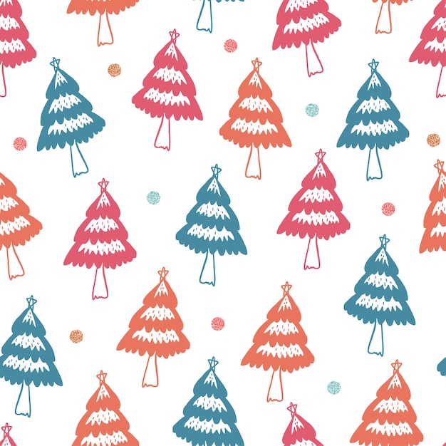 Seamless christmas pattern background with hand draw multicolour pine tree and polka dot glitter
