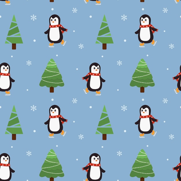 Seamless christmas pattern. background with penguin in a scarf skates on ice, snowflakes and christmas trees. perfect for wrapping paper, greeting cards, textile