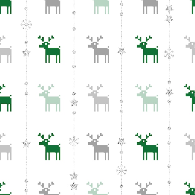 Бесшовный фон из рождественских образцов с оленями, звездами и снежинками