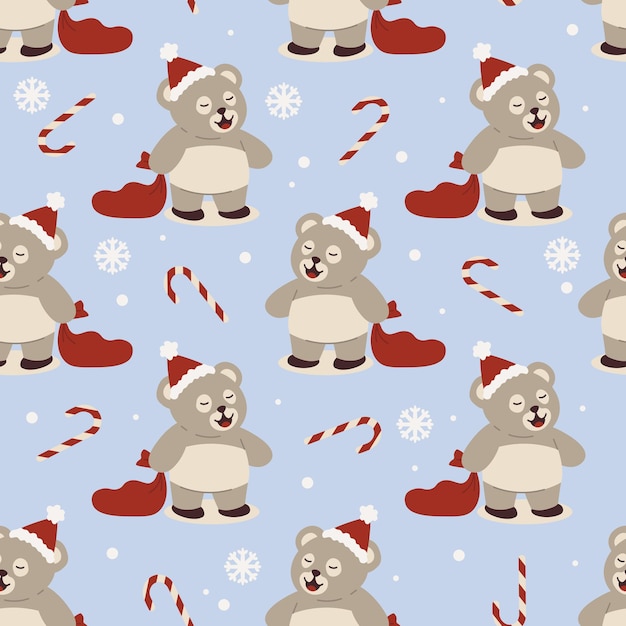 Бесшовный рождественский узор милый плюшевый мишка в новогодней шапке и мешок с подарками