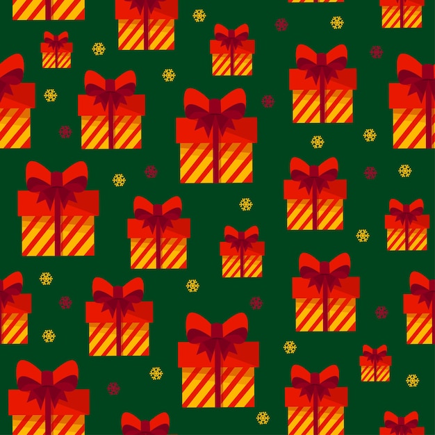 Seamless Christmas pattern A festive box with a bow for gifts on a green background