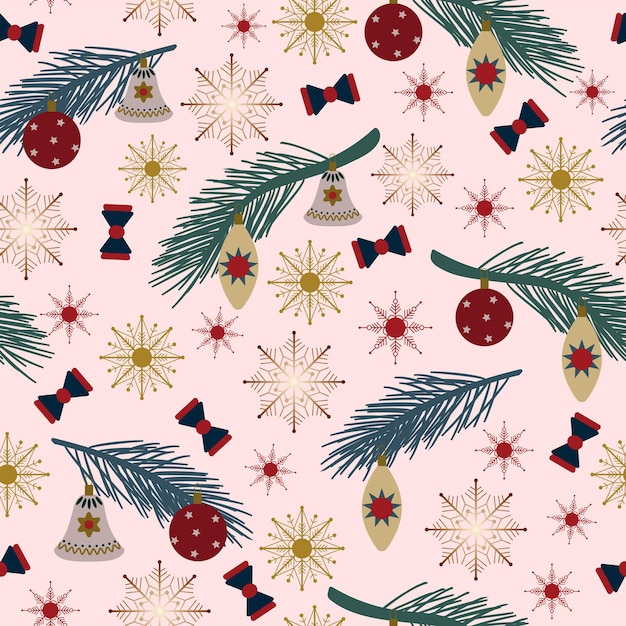 Seamless pattern di natale regalo ramo di abete decorazioni natalizie fiocco di neve sfondo bianco