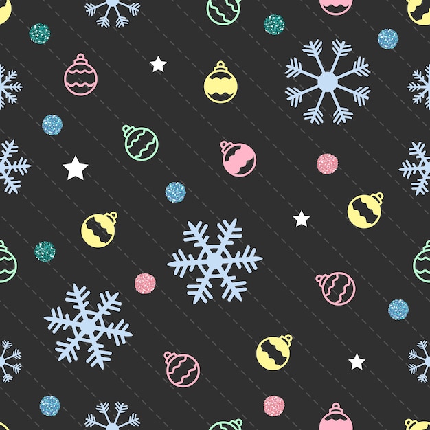 бесшовные модели Рождество на сером фоне со снегом, звезда, мяч и красочные точки блеск