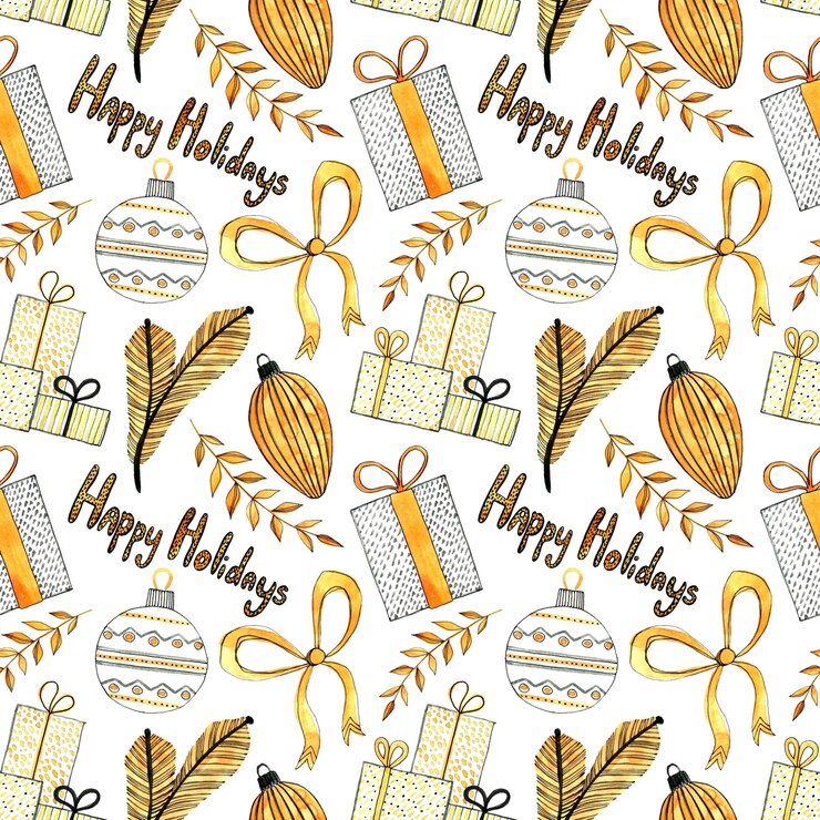 वेक्टर seamless christmas pattern happy holidays hand drawn orange gift boxes bow christmas toys fir